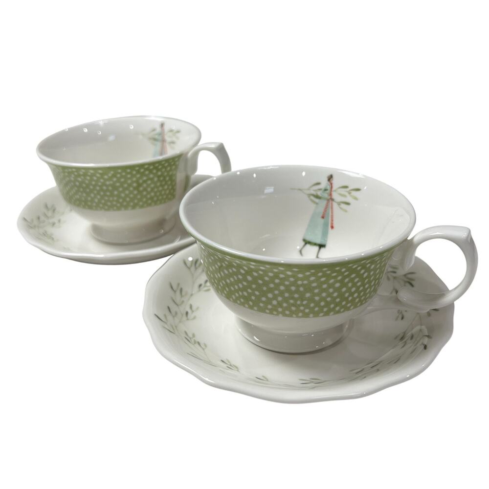 Portmeirion Fine Romance Tea Cup Saucer Set of 2 Green Floral Footed Vintage